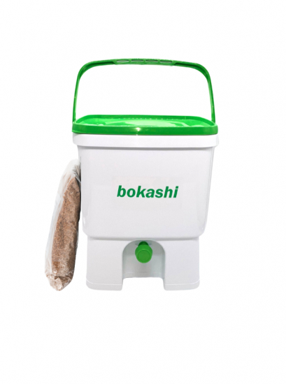 1 st bokashihink vit/grn med kran + 1 kg Svenskt Bokashistr i gruppen Bokashi  hos bokashi.se (211-415)