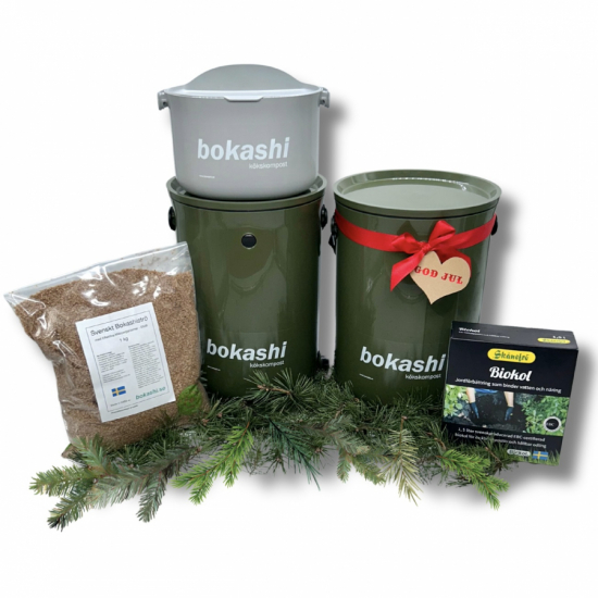 Julklapp Startkit - Bokashi 2.0 olivgrn + 1 kg str + Svenskt Biokol + Bokashi Daily gr i gruppen Julklappar hos bokashi.se (900-503)