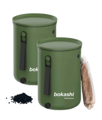Startkit - Bokashi 2.0 olivgrön - 2 st designade hinkar för köksbänken + 1 kg strö
