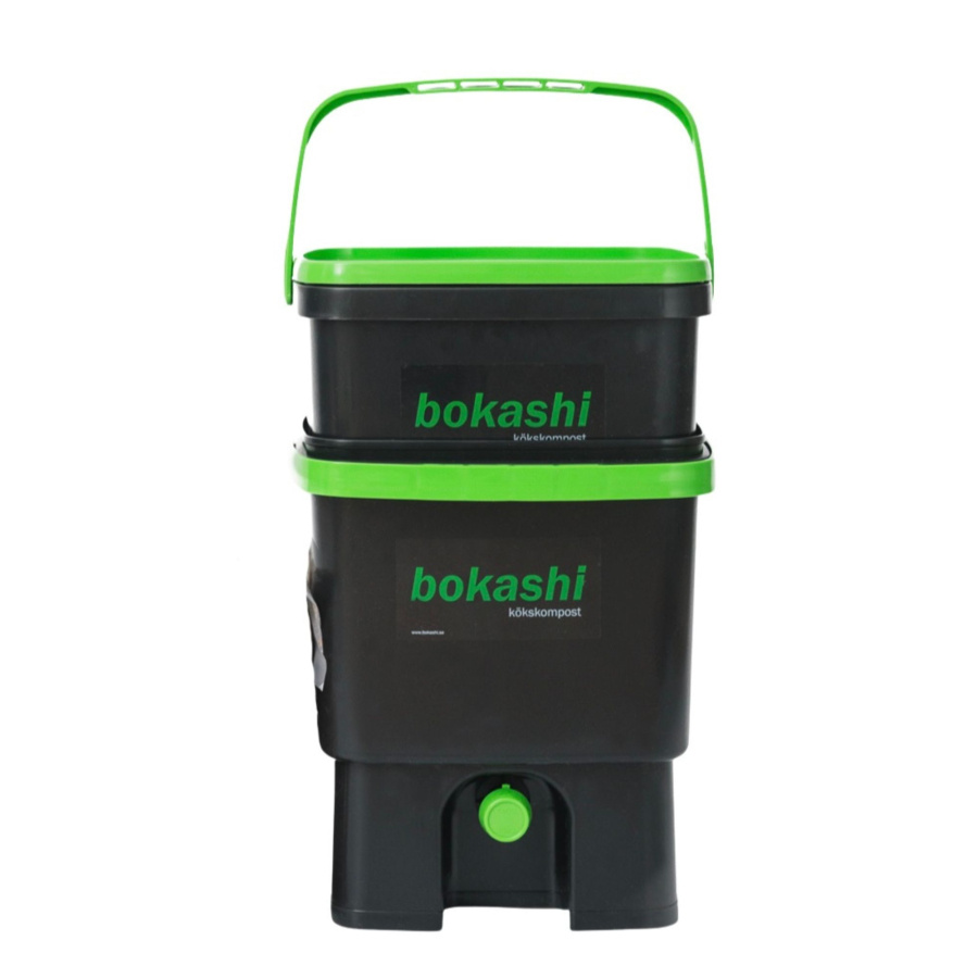 2 st bokashihinkar svart/grön med kran + tillbehör (ej strö)