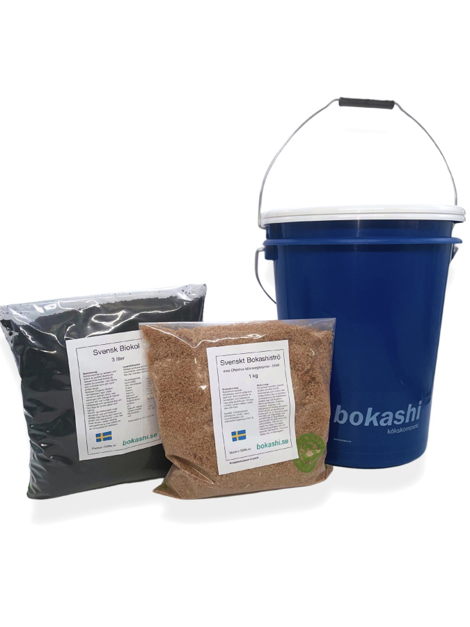 Startkit - Svenska Budgethinken - 2 st hinkar + 1 kg svenskt bokashiströ + 3 liter svensk biokol