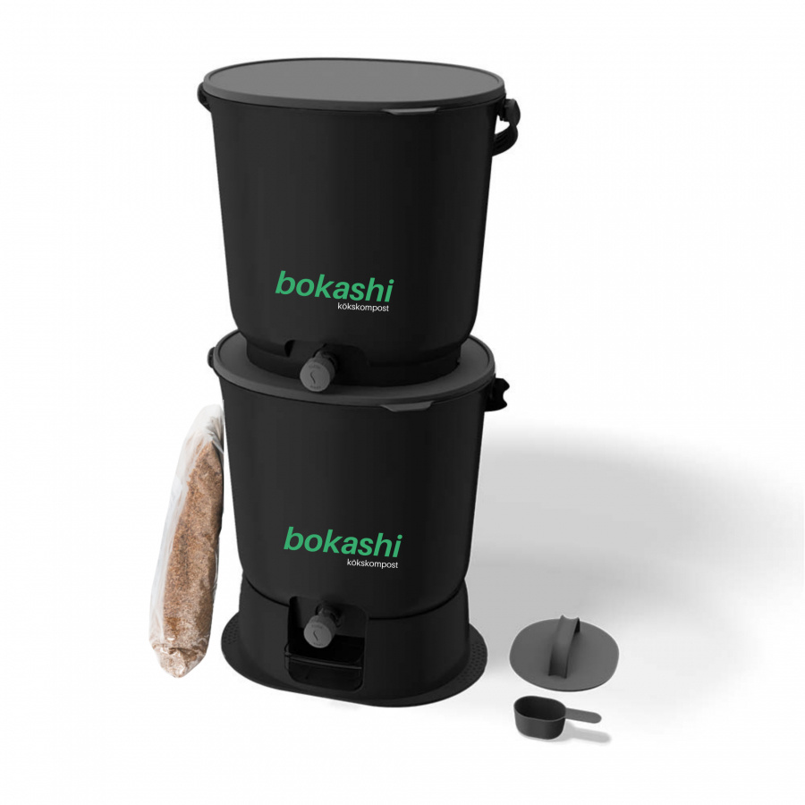 Startkit Bokashi Essential svart - 2 kranhinkar med bas + 1 kg svenskt bokashiströ