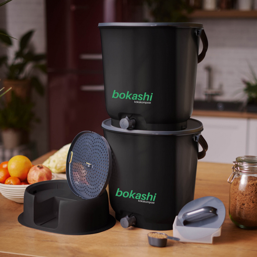 Startkit Bokashi Essential svart - 2 kranhinkar med bas + 1 kg svenskt bokashiströ