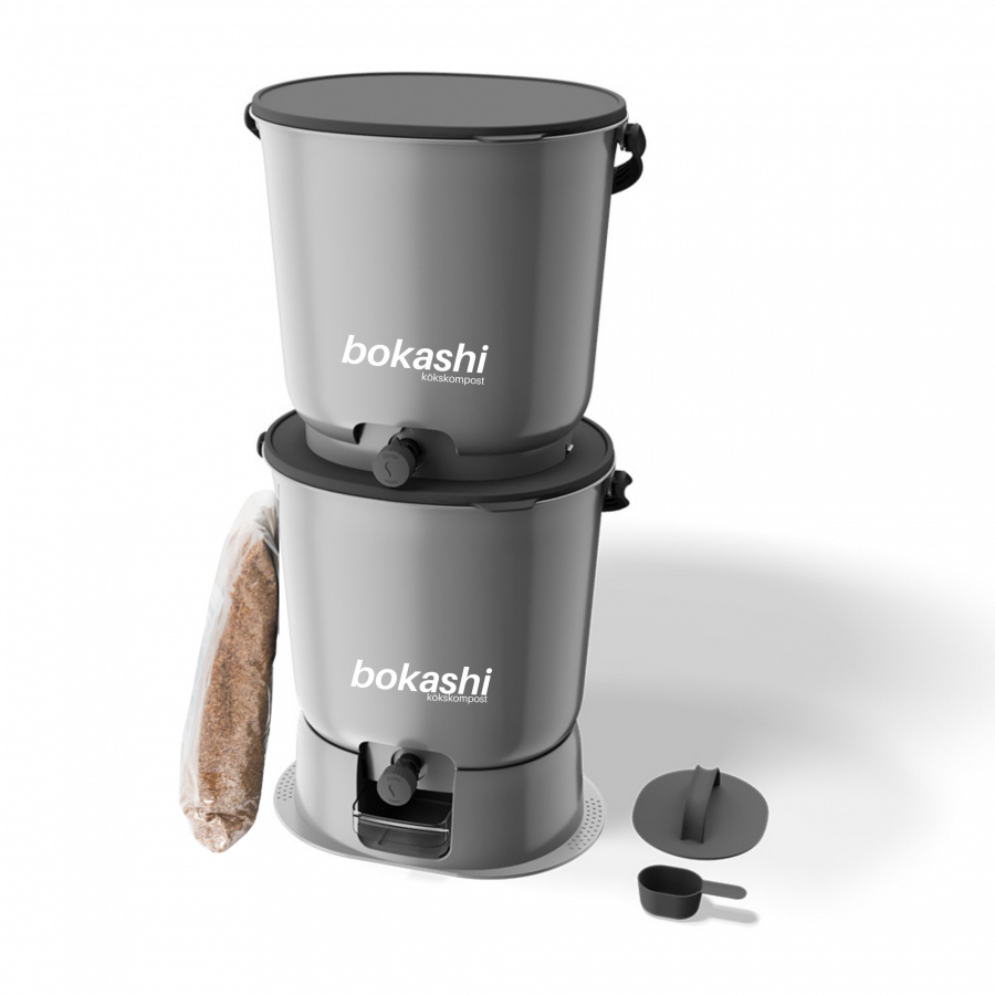 Startkit Bokashi Essential grå - 2 st kranhinkar med bas + 1 kg svenskt bokashiströ