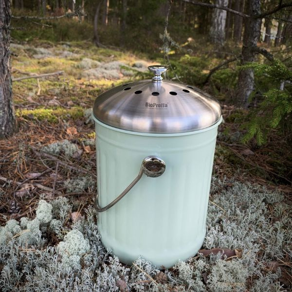 Stålhink Ljusgrön räfflad 5l med kolfilter - för matuppsamling