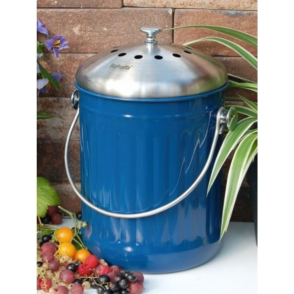 Stålhink Blå räfflad 5l med kolfilter - för matuppsamling